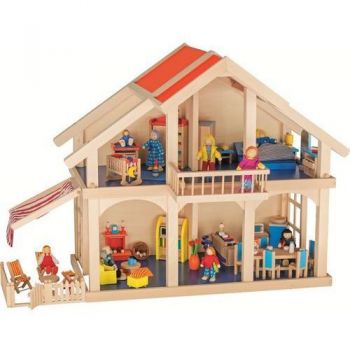 Drewniany domek dla lalek z werandą i balkonem , dwa piętra